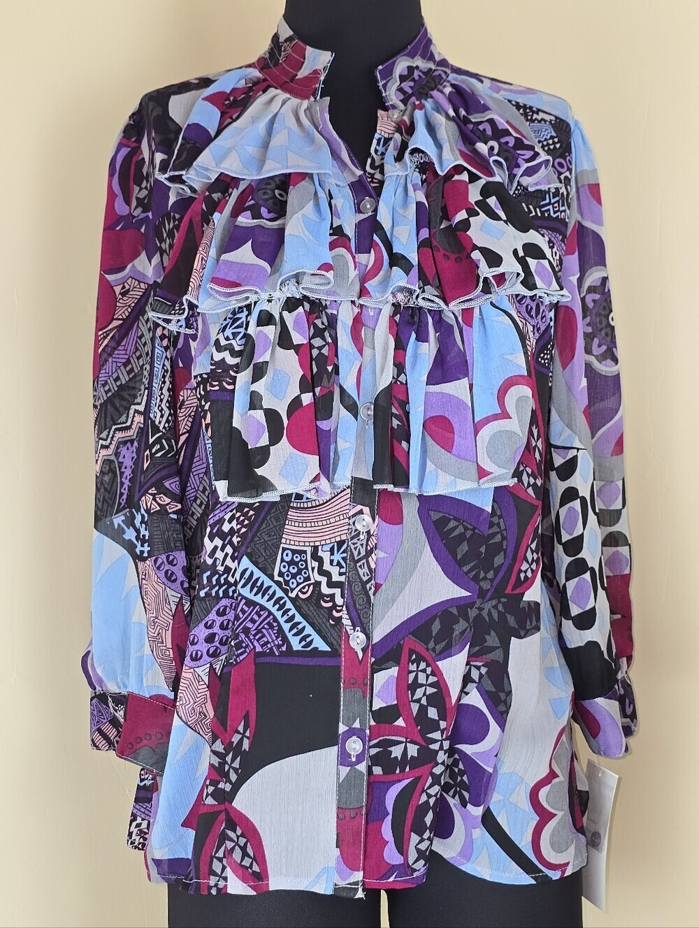 Jaipur Blue and Purple Boho Ruffled Chiffon Blouse NEW L